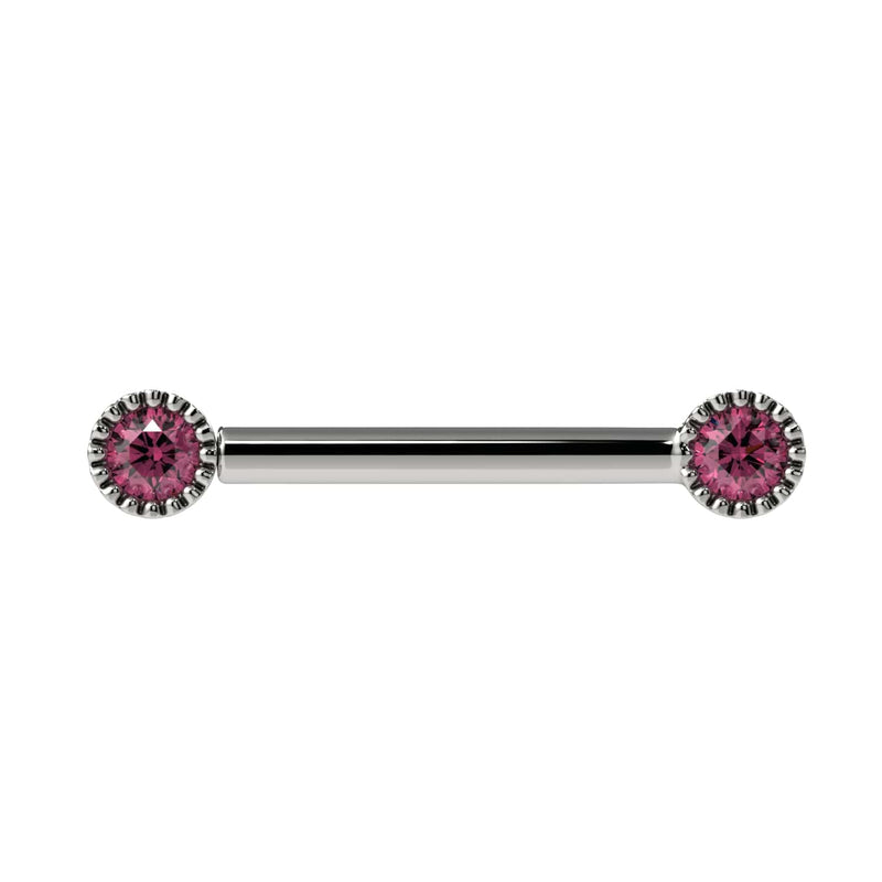 14k white gold straight barbell with dual 3mm pink diamonds in vintage milgrain bezel settings, front view