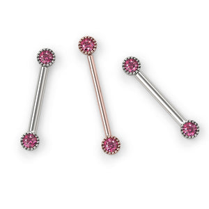 Pink diamond Perlagé nipple barbell shown in all three metal options: white gold, rose gold, and yellow gold