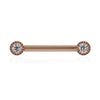 14K rose gold nipple barbell with dual 3mm VS1 diamonds in perlage milgrain bezels, front view