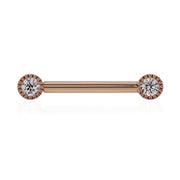 14K rose gold nipple barbell with dual 3mm VS1 diamonds in perlage milgrain bezels, front view