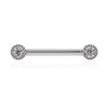 14K white gold straight barbell with dual 3mm VS1 diamonds in milgrain perlage settings, front view
