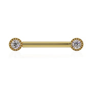 14K yellow gold straight barbell with two 3mm VS1 diamonds in round milgrain settings, front view
