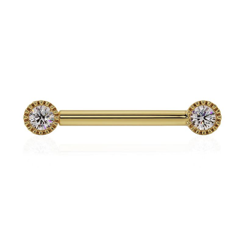 14K yellow gold straight barbell with two 3mm VS1 diamonds in round milgrain settings, front view