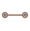 14K rose gold nipple barbell featuring dual 4mm VS1 diamonds with milgrain perlage bezels, front view