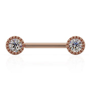 14K rose gold nipple barbell featuring dual 4mm VS1 diamonds with milgrain perlage bezels, front view
