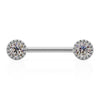 14K white gold nipple barbell with dual 4mm VS1 diamonds in milgrain perlage settings, front view