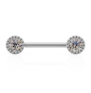 14K white gold nipple barbell with dual 4mm VS1 diamonds in milgrain perlage settings, front view