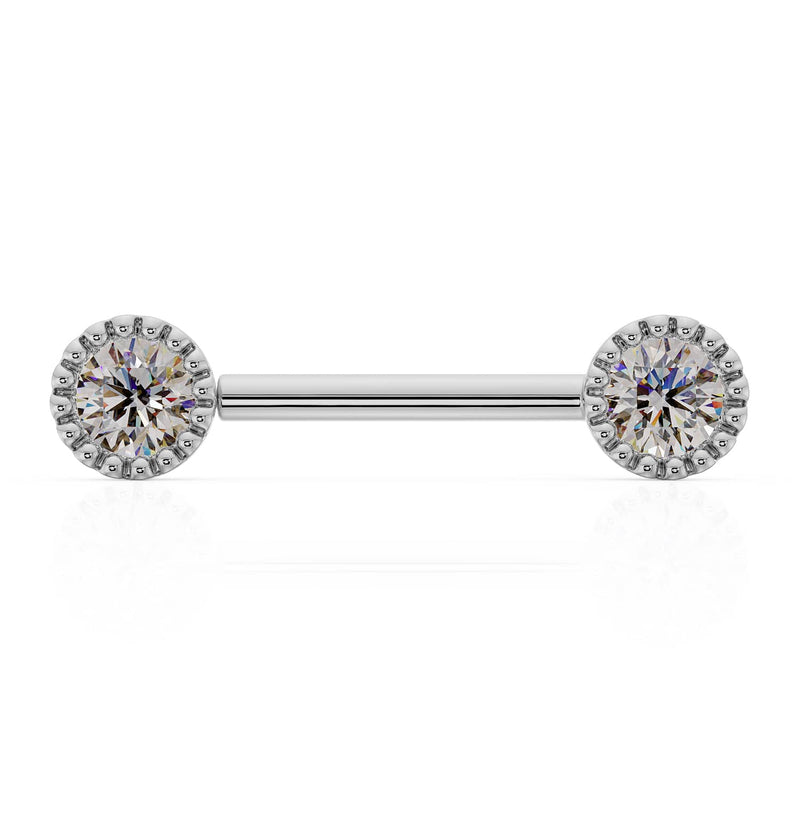 14K white gold nipple barbell with dual 4mm VS1 diamonds in milgrain perlage settings, front view