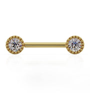 14K yellow gold straight barbell with dual 4mm VS1 diamonds in vintage milgrain perlage settings, front view