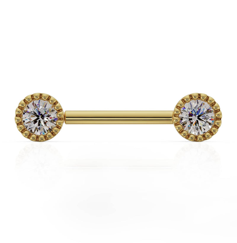 14K yellow gold straight barbell with dual 4mm VS1 diamonds in vintage milgrain perlage settings, front view