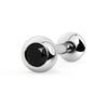 14k white gold black diamond tongue ring, front-facing view showing black diamond bezel-set barbell