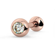 14k rose gold diamond tongue ring barbell, front-facing view showing bezel-set white diamond