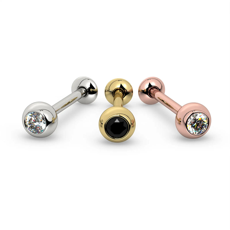 Three 14k gold diamond tongue rings in white, yellow, and rose gold side by side for color comparison
