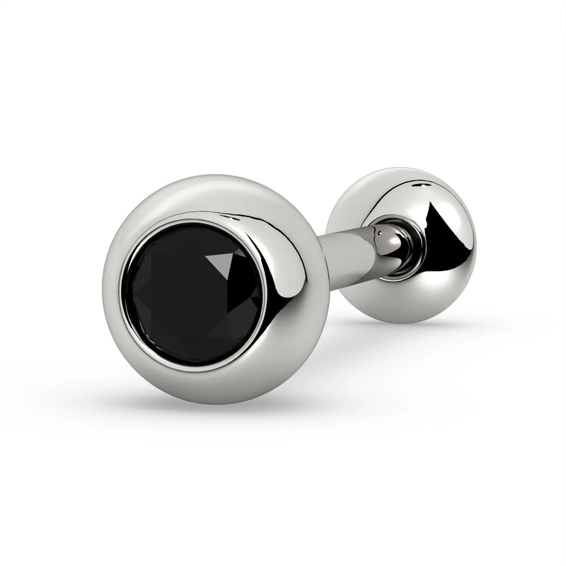 14k white gold black diamond tongue ring barbell with bezel-set round black diamond, angled view