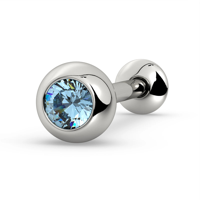 14K white gold tongue barbell with bezel-set aquamarine gemstone, angled view showing bar and ball end