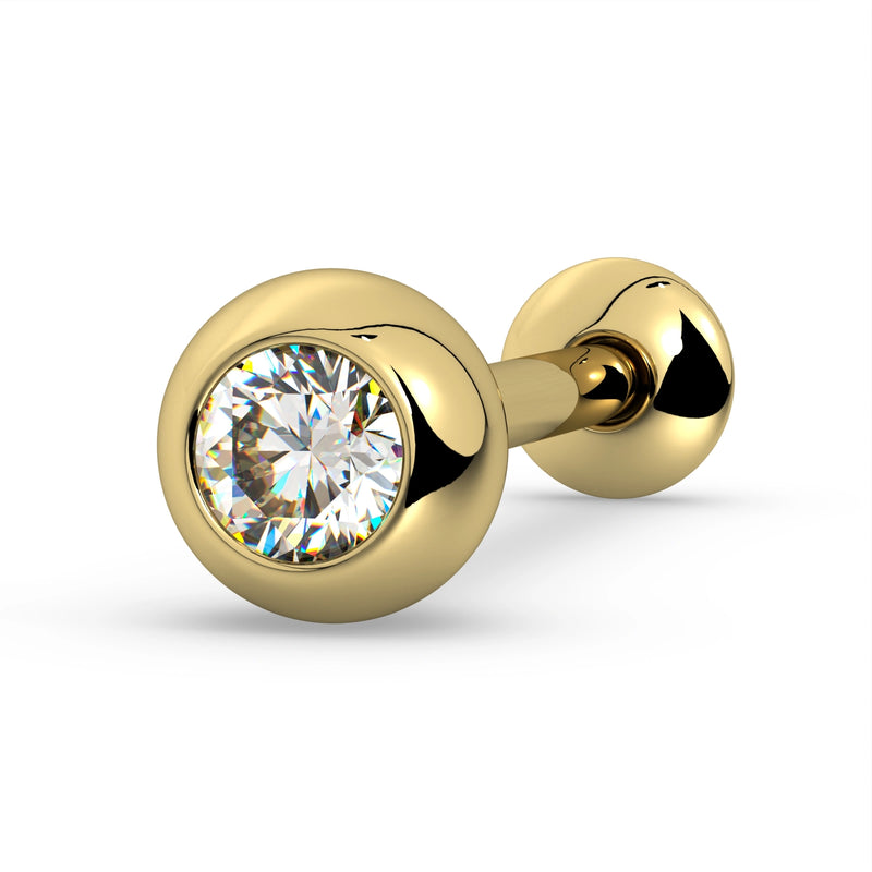 14K yellow gold tongue barbell with brilliant-cut white sapphire in solid bezel setting, angled view