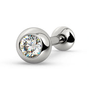 14K white gold tongue barbell with brilliant white sapphire in bezel setting, angled close-up view
