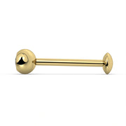 Side profile of 14K yellow gold tongue barbell showing straight bar, bezel end ball, and flat bottom disc
