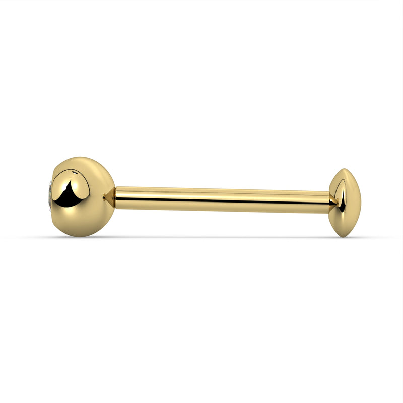 Side profile of 14K yellow gold tongue barbell showing straight bar, bezel end ball, and flat bottom disc
