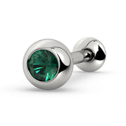 14K white gold tongue barbell with bezel-set emerald gemstone, angled view on white background
