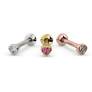Heart tongue ring in all three metal colors: white gold with diamond, yellow gold with pink sapphire, rose gold with diamond