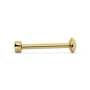 14k yellow gold tongue barbell shown without top gem, side view displaying full straight barbell length