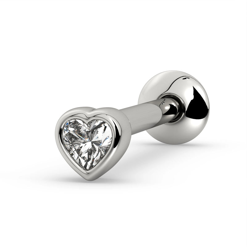 14k white gold tongue ring with bezel-set heart-cut white sapphire, angled view showing cool silver tone