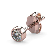 Single 14K rose gold bezel-set diamond stud earring, angled view showing warm metal tone and post