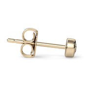 Side profile of 14K yellow gold bezel diamond stud showing post length and open butterfly backing