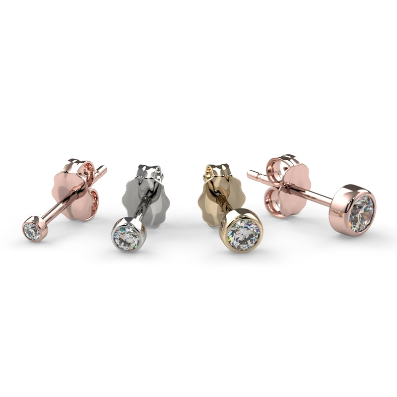 14K rose gold, white gold, and yellow gold bezel-set diamond studs in different sizes, product comparison