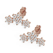 14k rose gold triple flower lobe earrings shown as a pair, CZ floral cluster design, front view