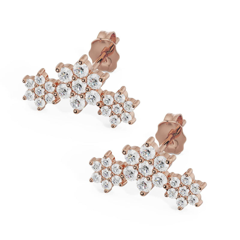 14k rose gold triple flower lobe earrings shown as a pair, CZ floral cluster design, front view