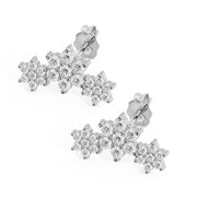 14k white gold triple flower lobe earrings shown as a pair, front view with push-back posts