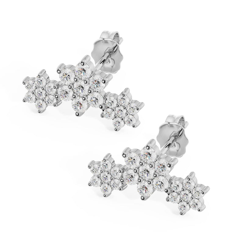 14k white gold triple flower lobe earrings shown as a pair, front view with push-back posts