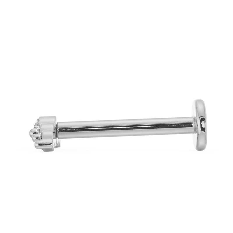 Side profile of 14K white gold CZ climber flat back earring showing straight post and flat disc back