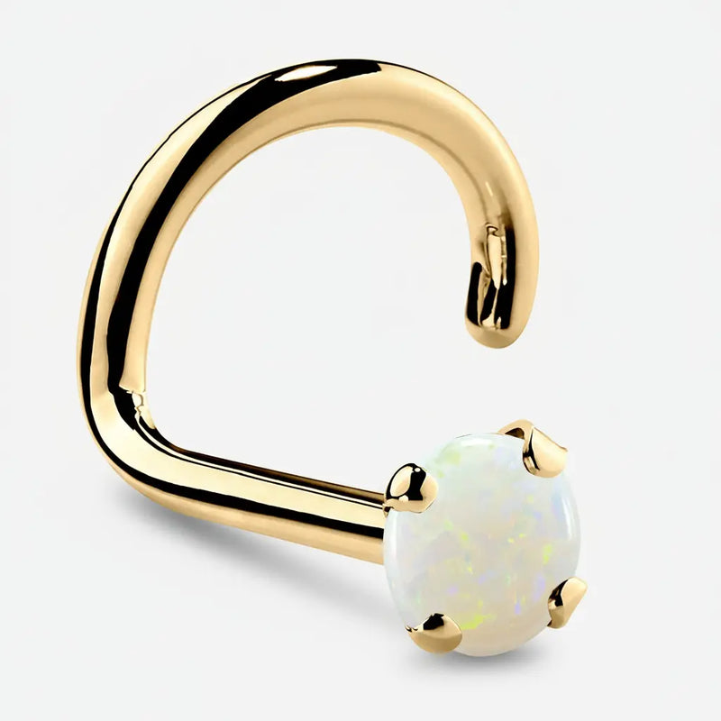 14K yellow gold genuine opal nose ring twist style, side profile on white background