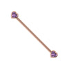 14k rose gold industrial barbell featuring faceted amethyst heart stones at each end