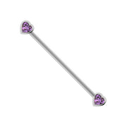 14k white gold industrial barbell with two purple amethyst heart gemstones in bezel settings
