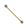 14k yellow gold industrial barbell with dual bezel-set amethyst heart ends, full length view