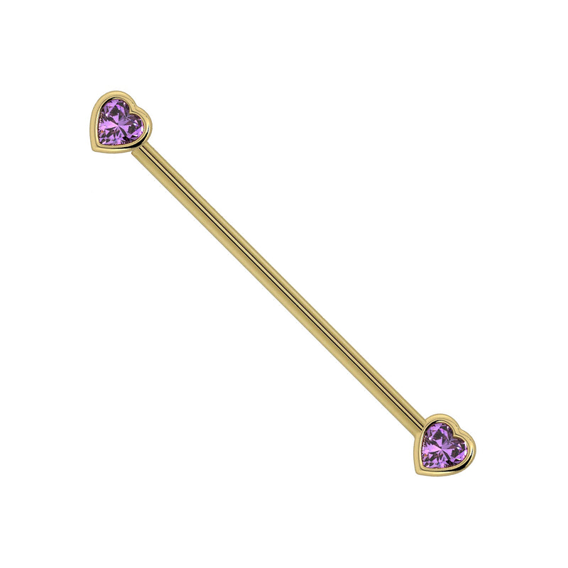 14k yellow gold industrial barbell with dual bezel-set amethyst heart ends, full length view