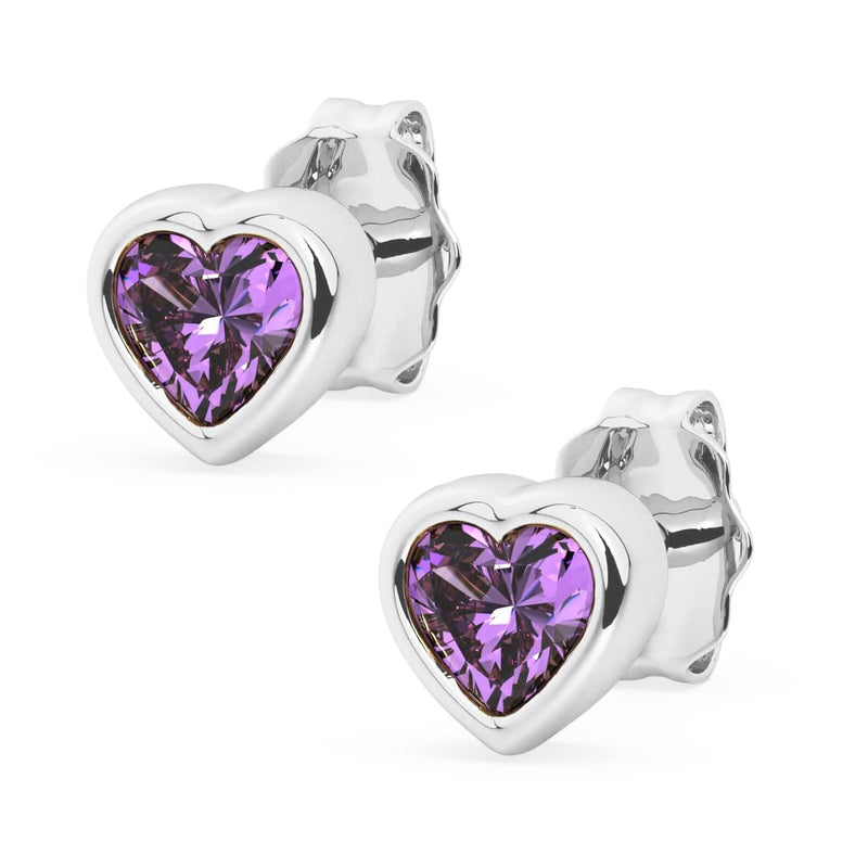 14k white gold amethyst heart stud earrings pair, product render with violet stones in polished white gold