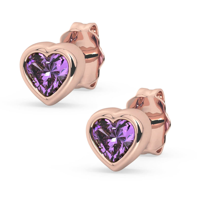 14k rose gold amethyst heart stud earrings pair, product render showing purple stones in rose gold bezels