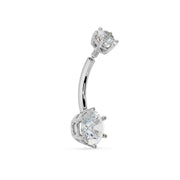 Side profile of 14k white gold moissanite navel ring showing internally threaded post and prong construction