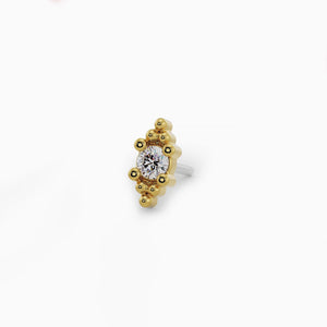 14k yellow gold Bali Blossom diamond threadless end with beaded accents, angled side view