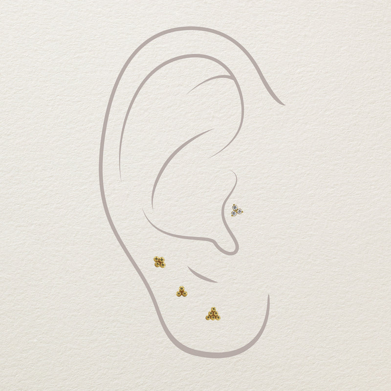 Diagram showing 14k gold trinity bead cluster studs placed at cartilage, conch, and lobe piercing locations