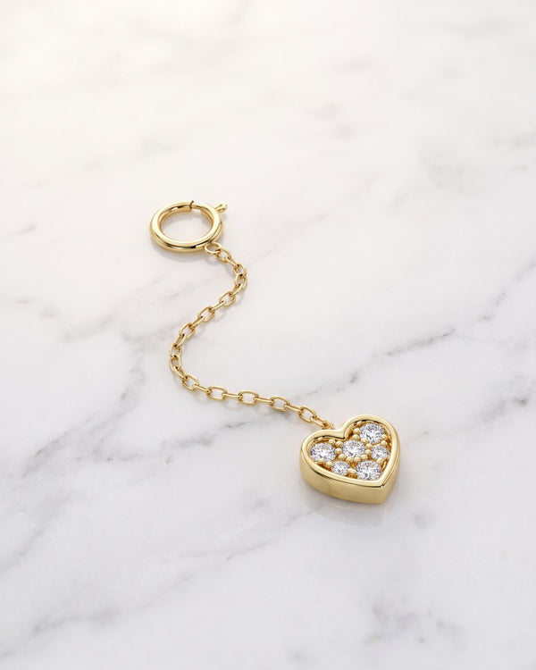 Belly ring charms - 14k yellow gold pave diamond heart charm on chain on white marble