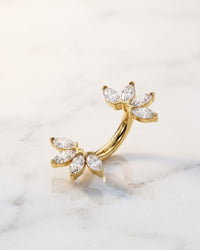 Statement navel rings - 14k yellow gold marquise fan belly ring on white marble