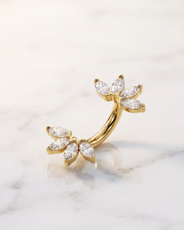 Statement navel rings - 14k yellow gold marquise fan belly ring on white marble