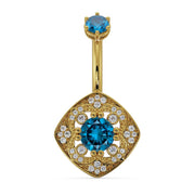 14k yellow gold Fleur de Chance navel ring with blue diamond center and CZ halo, front view