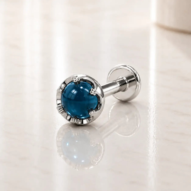 Reina London Blue Topaz Nose Ring in 14K White Gold with crown-set London Blue Topaz - for nostril piercings